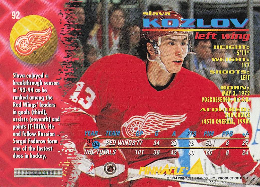 1994-95 Pinnacle Hockey Slava Kozlov #92