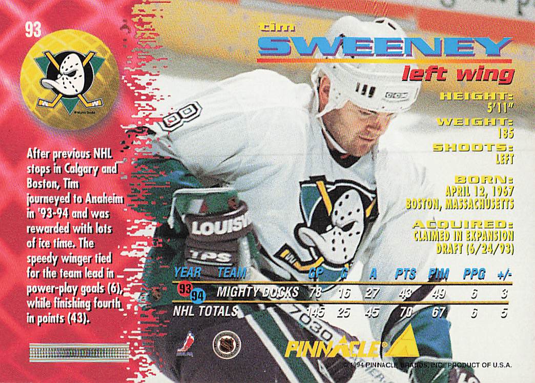1994-95 Pinnacle Hockey Tim Sweeney #93