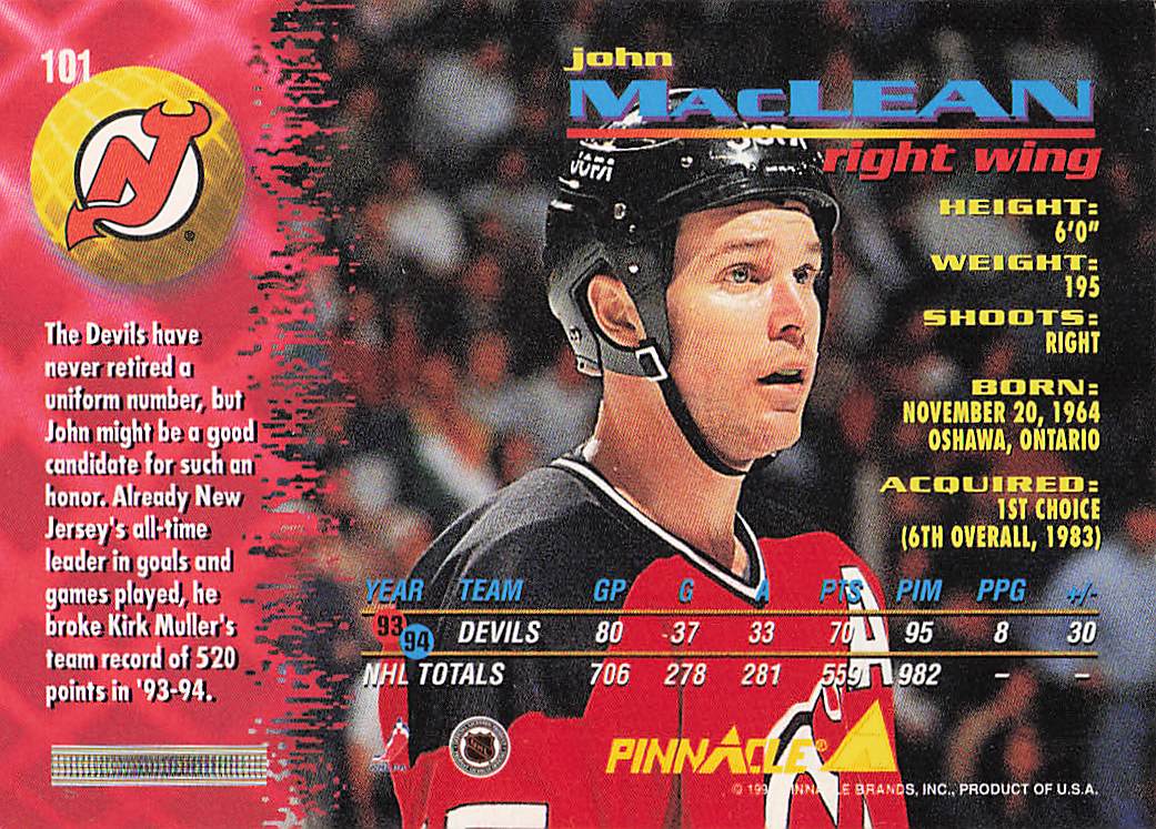 1994-95 Pinnacle Hockey John MacLean #101