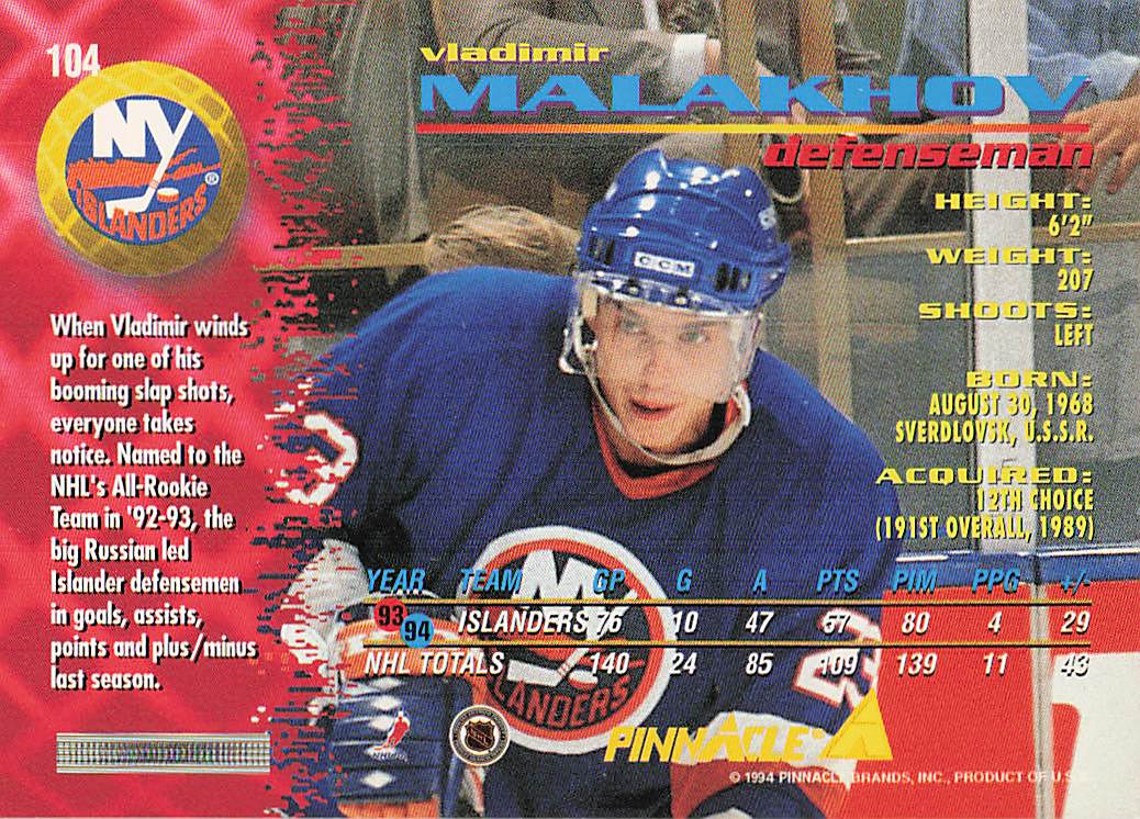 1994-95 Pinnacle Hockey Vladimir Malakhov #104