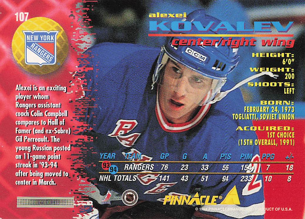 1994-95 Pinnacle Hockey Alexei Kovalev #107