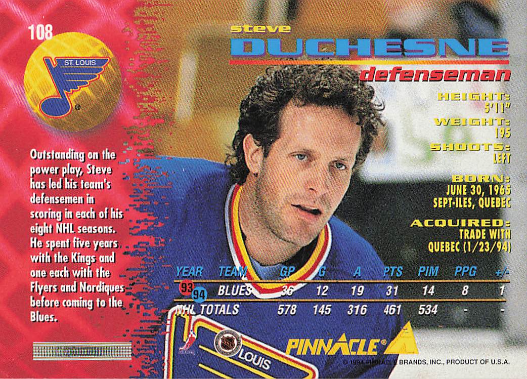 1994-95 Pinnacle Hockey Steve Duchesne #108