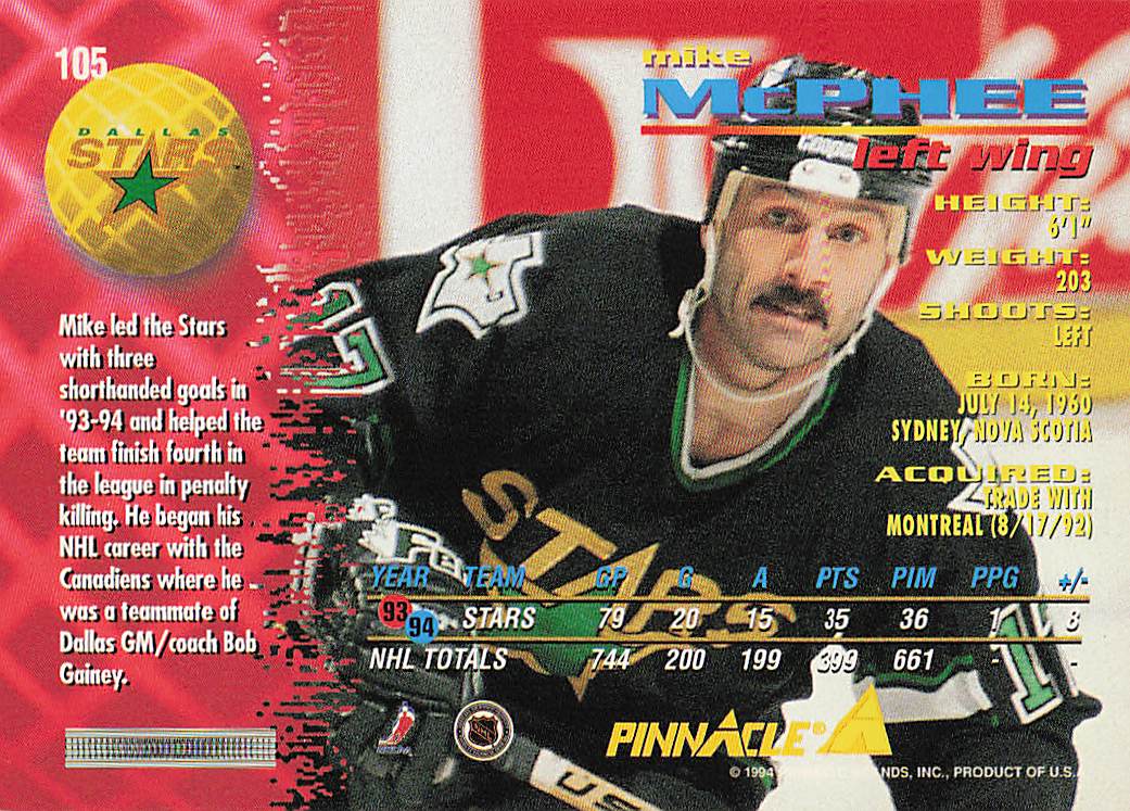 1994-95 Pinnacle Hockey Mike McPhee #105