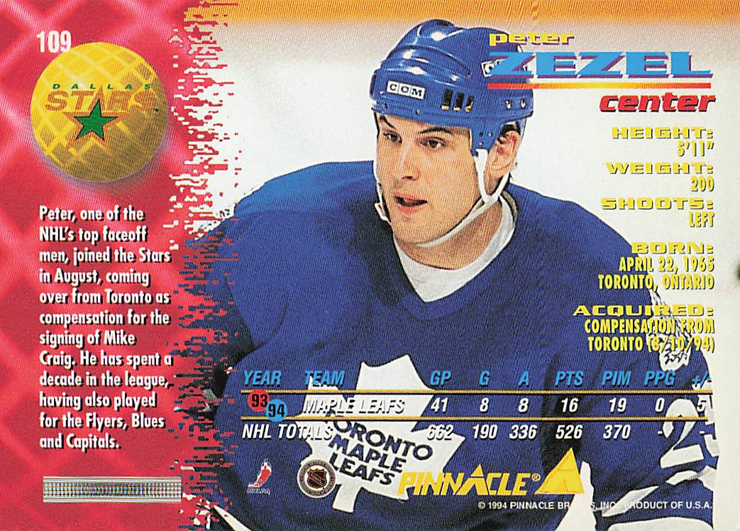 1994-95 Pinnacle Hockey Peter Zezel #109