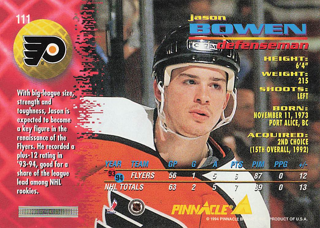1994-95 Pinnacle Hockey Jason Bowen #111