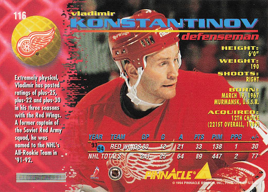 1994-95 Pinnacle Hockey Vladimir Konstantinov #116