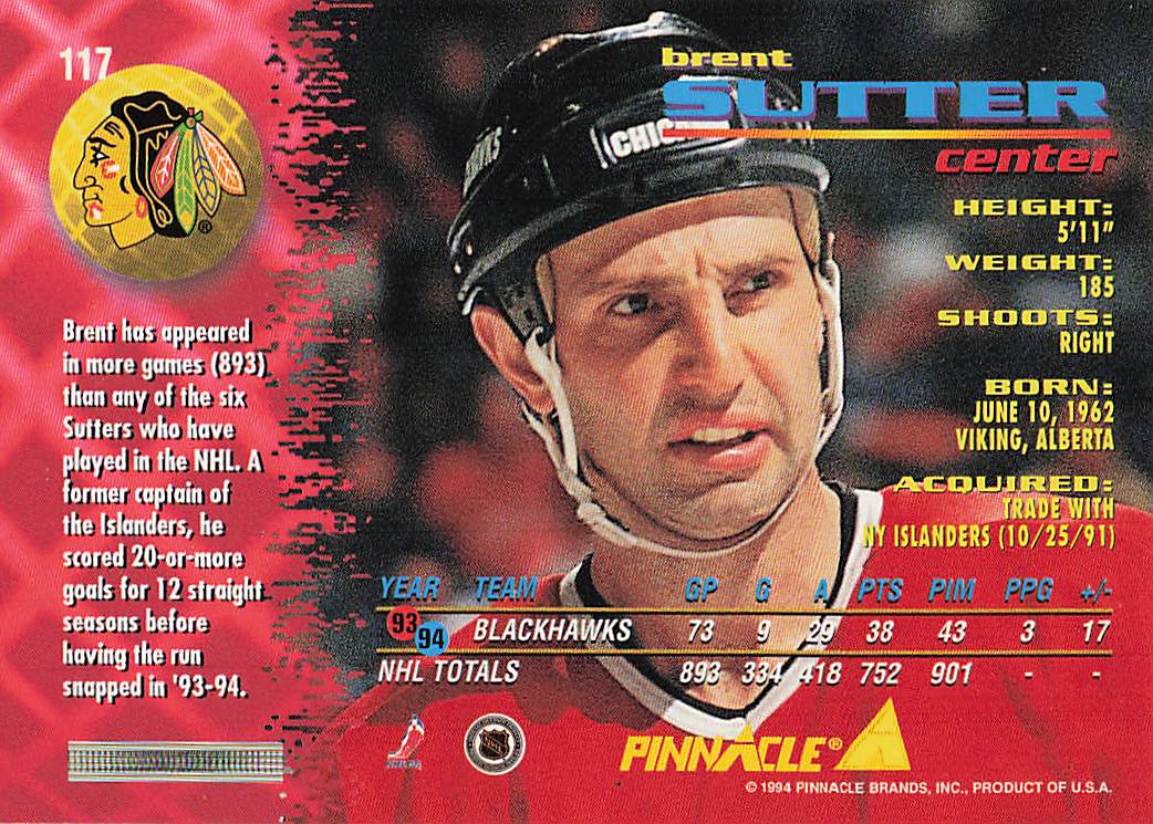 1994-95 Pinnacle Hockey Brent Sutter #117