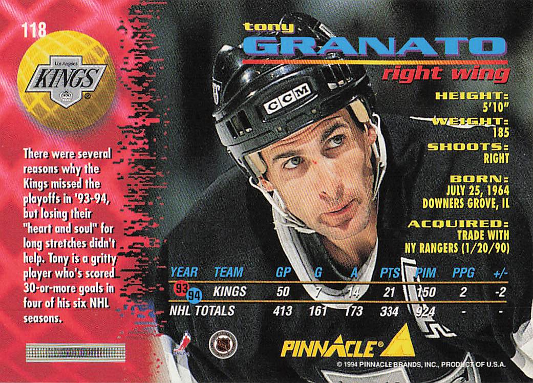 1994-95 Pinnacle Hockey Tony Granato #118