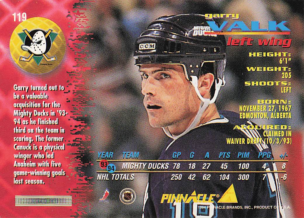 1994-95 Pinnacle Hockey Garry Valk #119