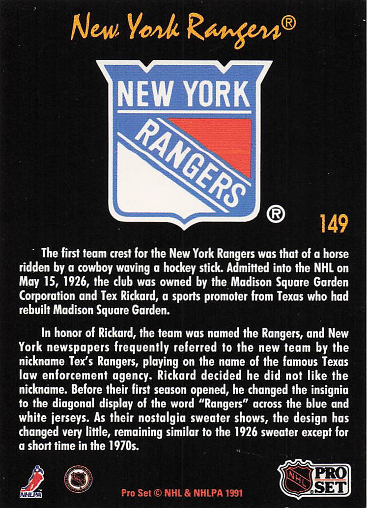 1991-92 Pro Set Platinum Hockey New York Rangers #149