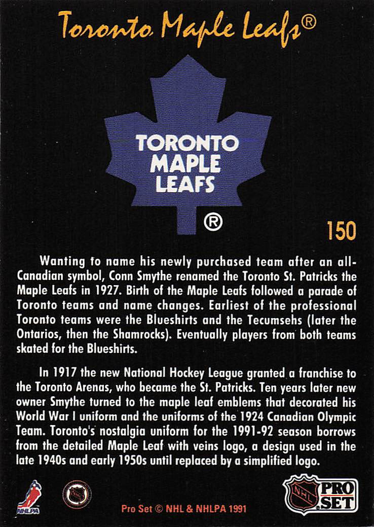 1991-92 Pro Set Platinum Hockey Toronto Maple Leafs #150