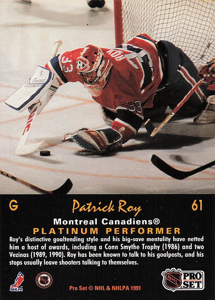1991-92 Pro Set Platinum Hockey Patrick Roy #61