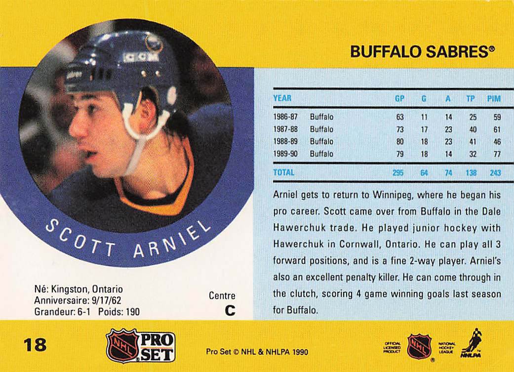 1990-91 Pro Set Hockey Scott Arniel #18a