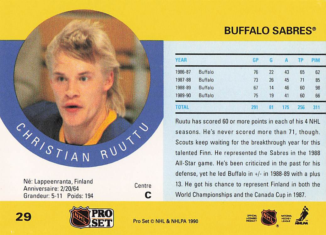 1990-91 Pro Set Hockey Christian Ruuttu #29