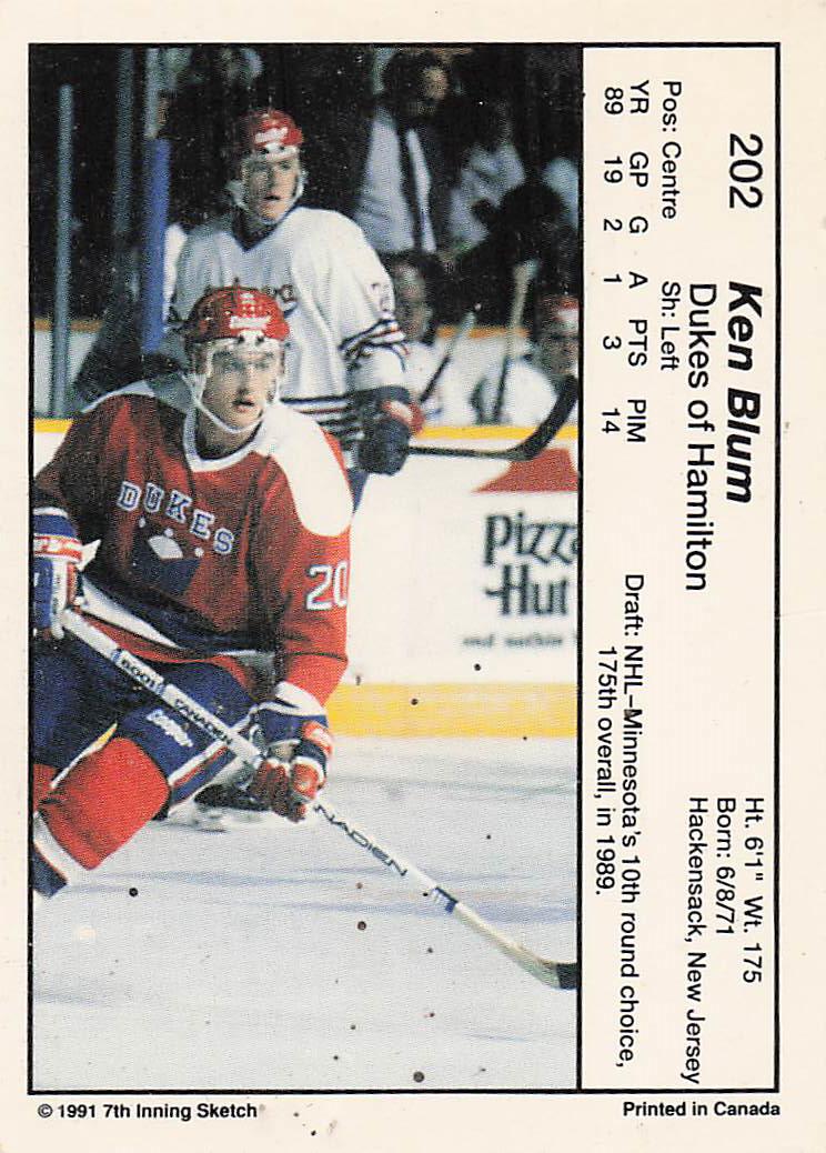 1990-91 7th Inning Sketch OHL Hockey Ken Blum #202