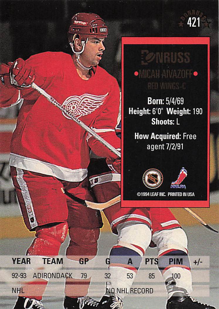 1993-94 Donruss Hockey Micah Aivazoff #421 Rookie