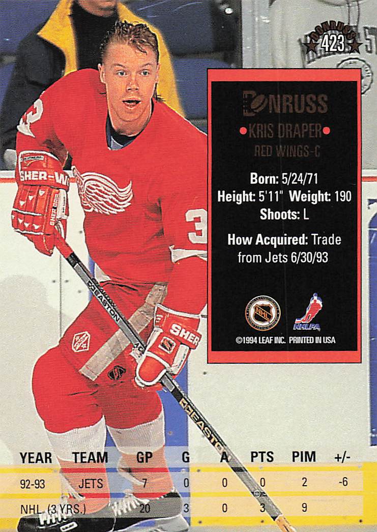 1993-94 Donruss Hockey Kris Draper #423