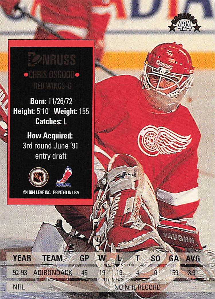 1993-94 Donruss Hockey Chris Osgood #424 Rookie