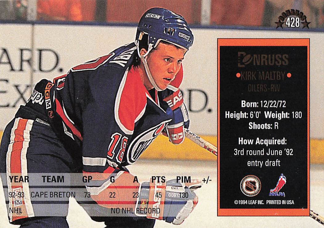 1993-94 Donruss Hockey Kirk Maltby #428 Rookie