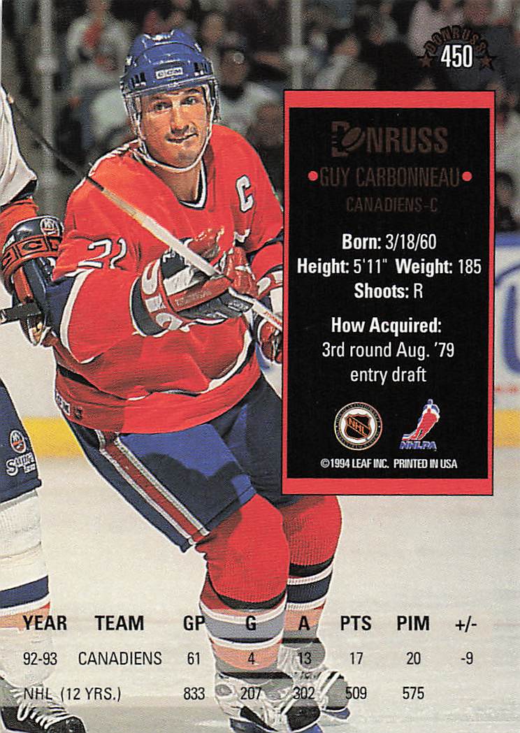 1993-94 Donruss Hockey Guy Carbonneau #450