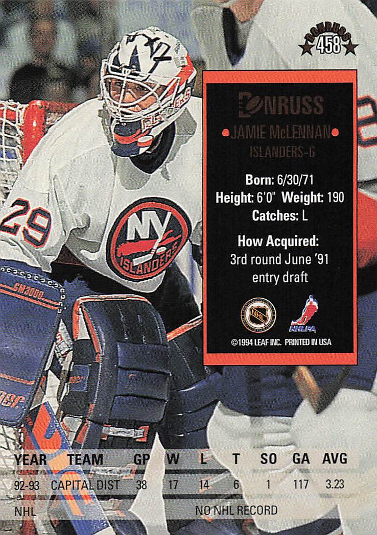 1993-94 Donruss Hockey Jamie McLennan #458 Rookie