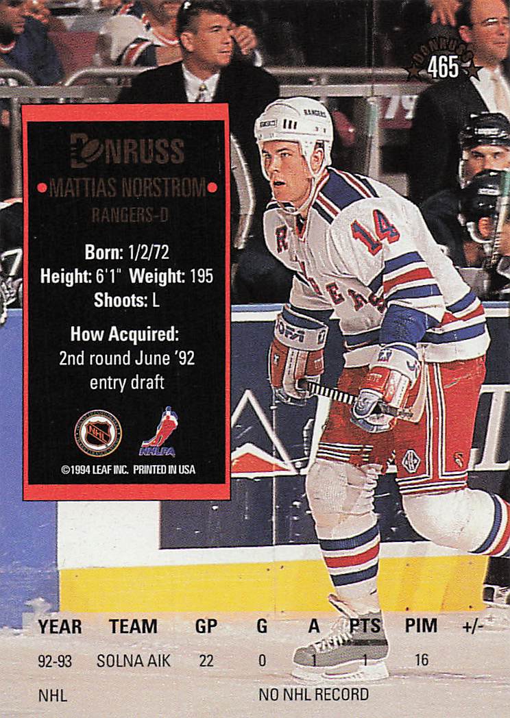 1993-94 Donruss Hockey Mattias Norstrom #465 Rookie