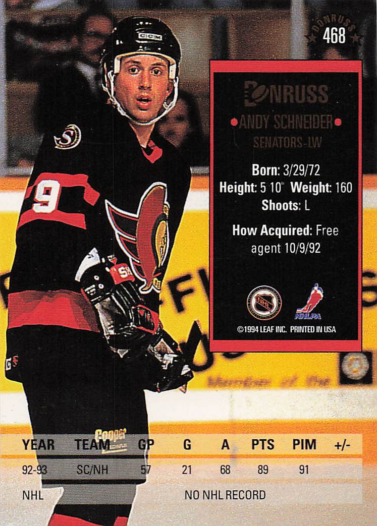 1993-94 Donruss Hockey Andy Schneider #468 Rookie