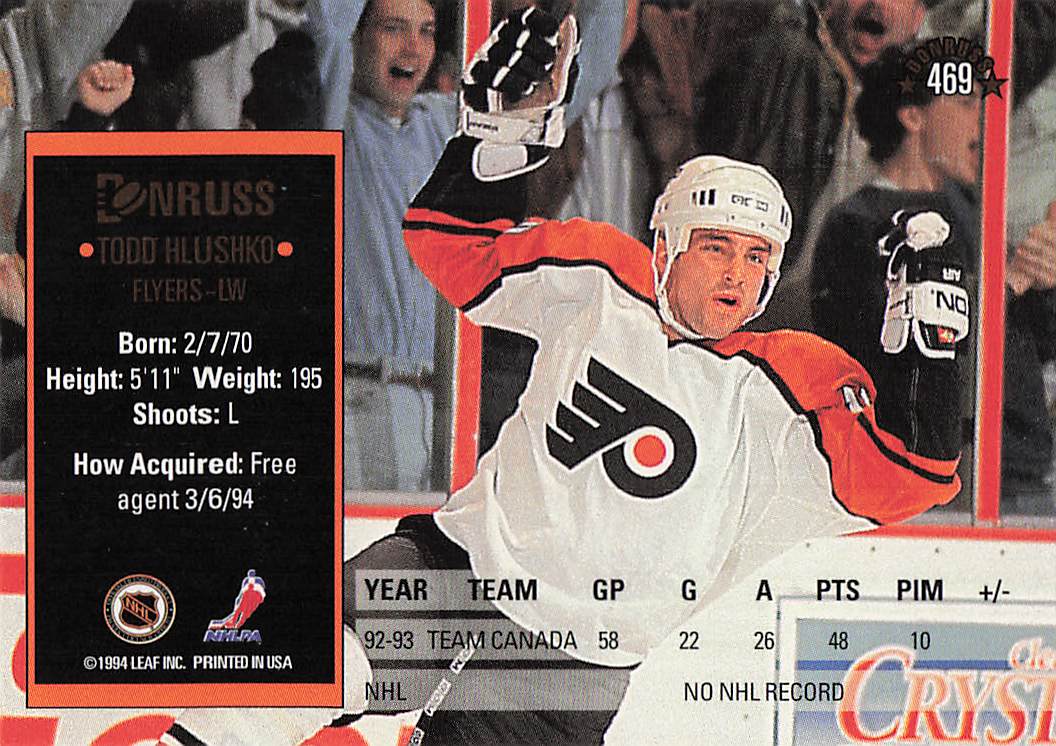 1993-94 Donruss Hockey Todd Hlushko #469 Rookie