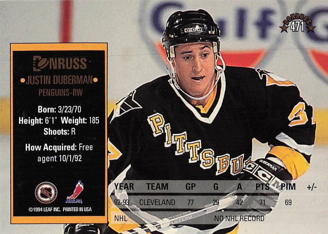 1993-94 Donruss Hockey Justin Duberman #471 Rookie