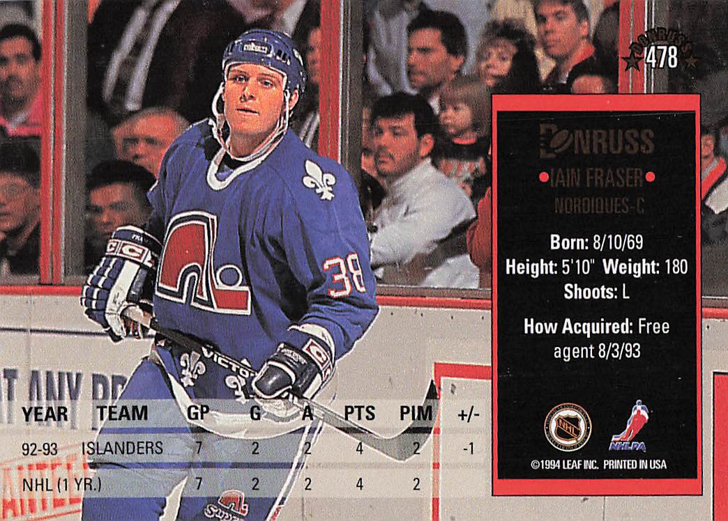 1993-94 Donruss Hockey Iain Fraser #478 Rookie