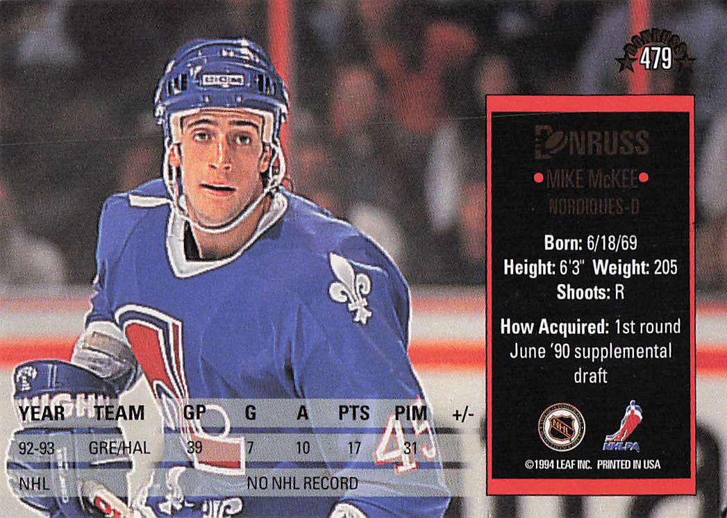 1993-94 Donruss Hockey Mike McKee #479 Rookie