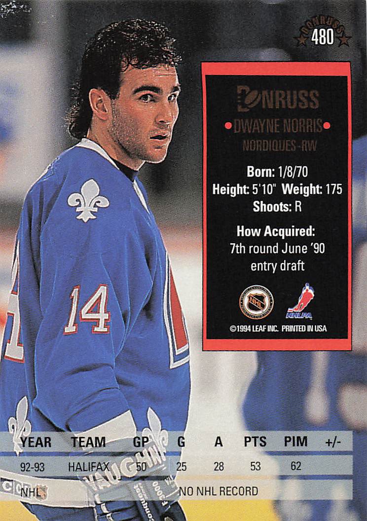 1993-94 Donruss Hockey Dwayne Norris #480 Rookie