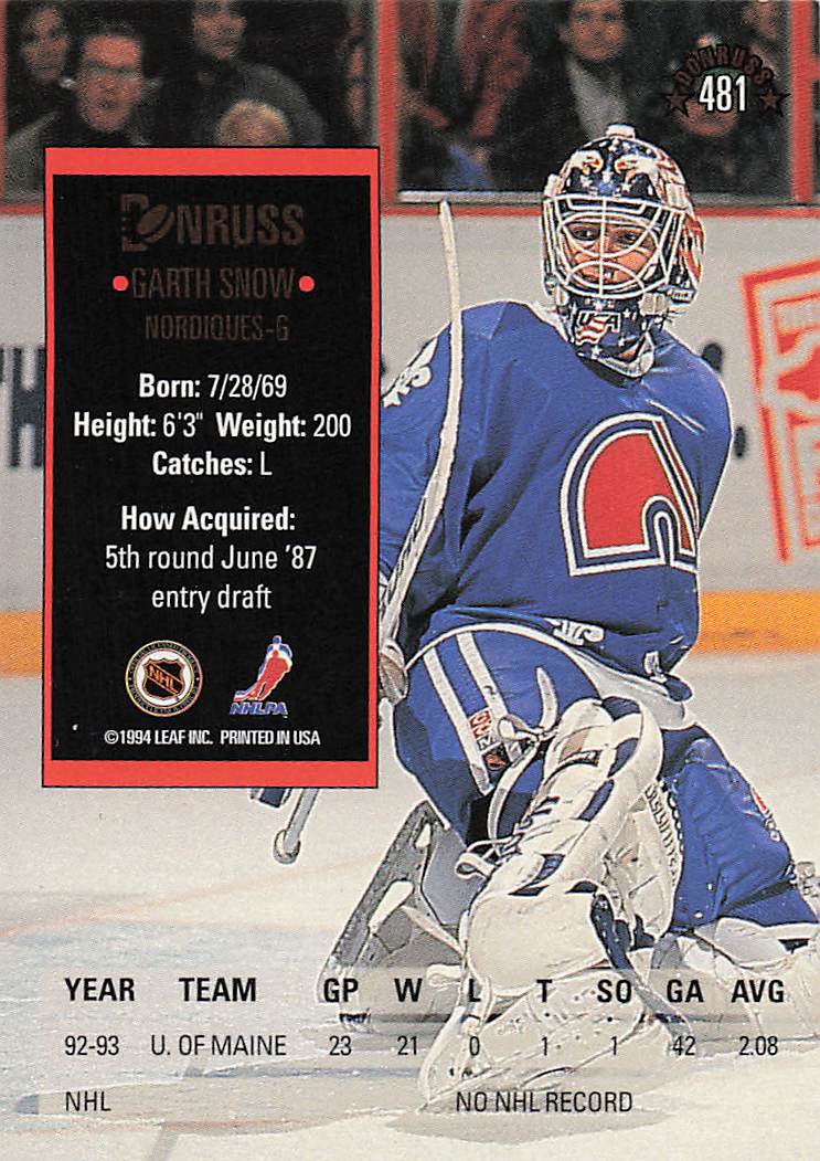 1993-94 Donruss Hockey Garth Snow #481 Rookie