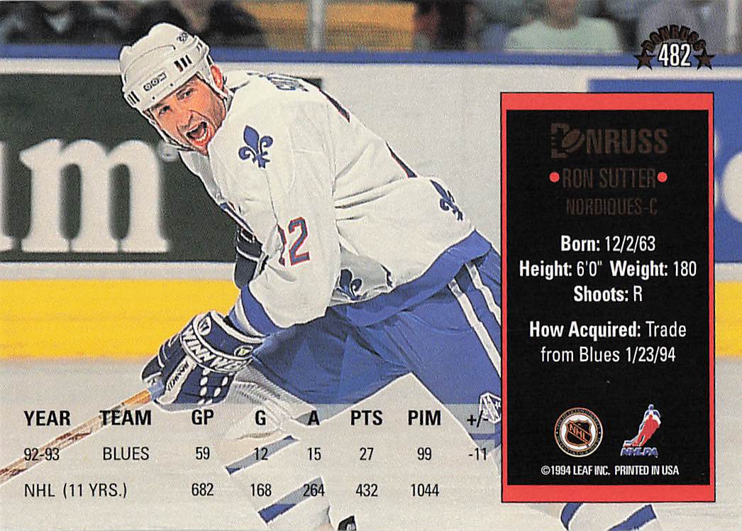 1993-94 Donruss Hockey Ron Sutter #482