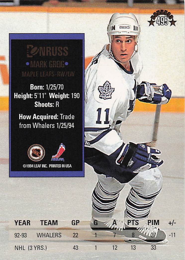 1993-94 Donruss Hockey Mark Greig #495