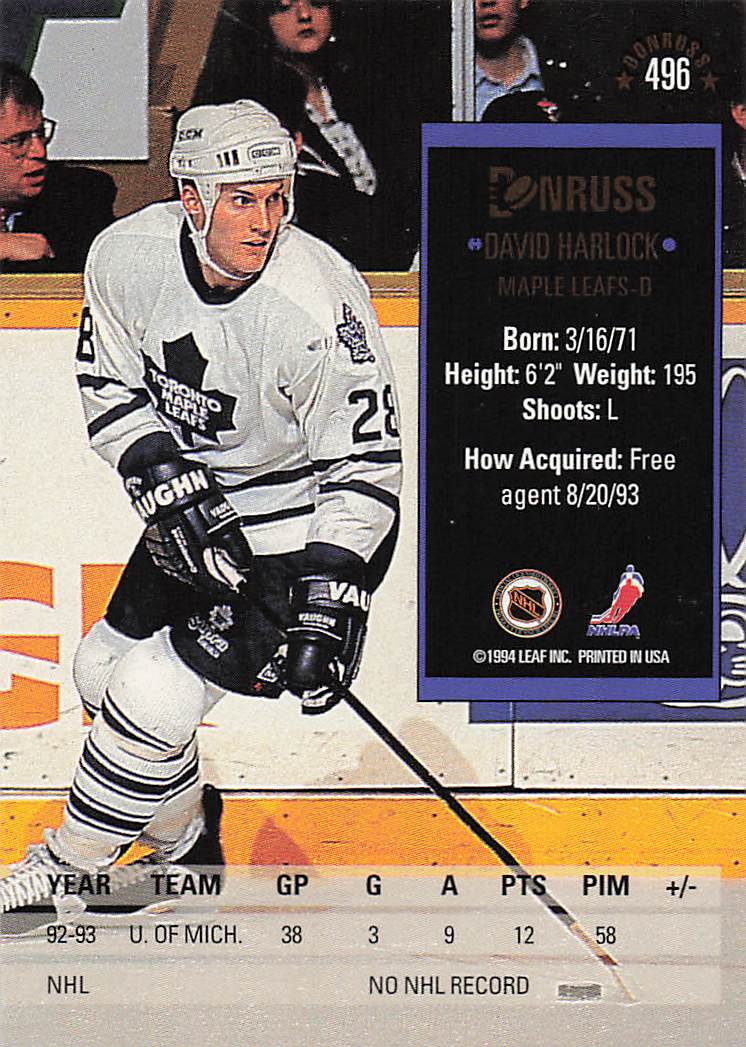1993-94 Donruss Hockey David Harlock #496