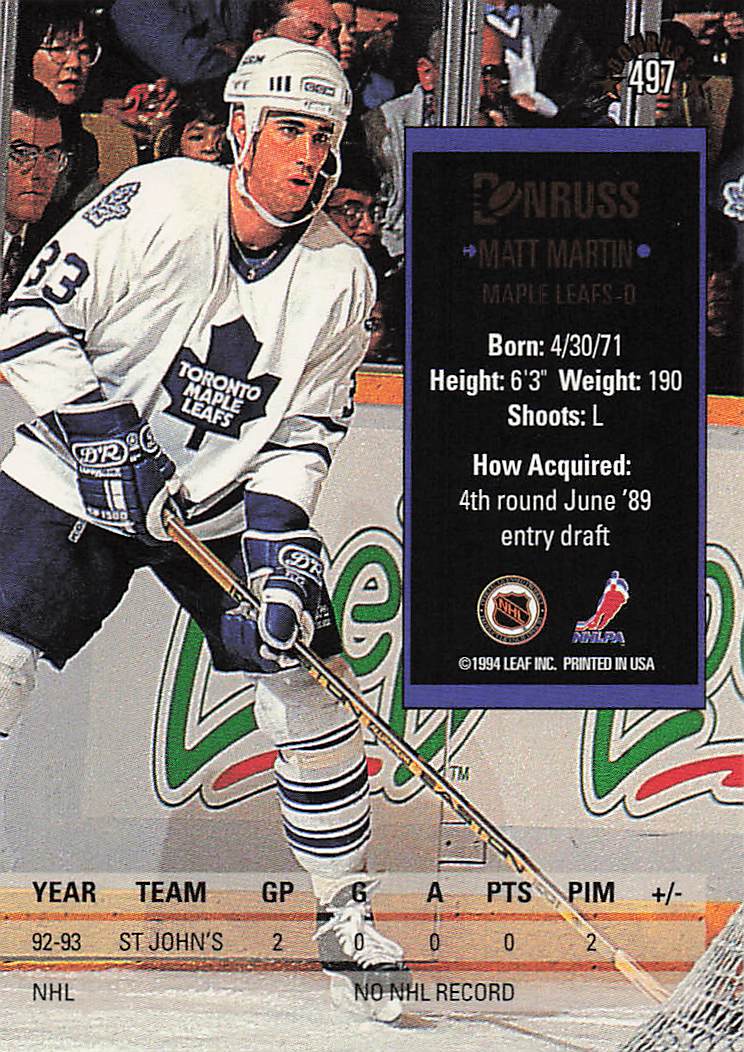 1993-94 Donruss Hockey Matt Martin #497 Rookie