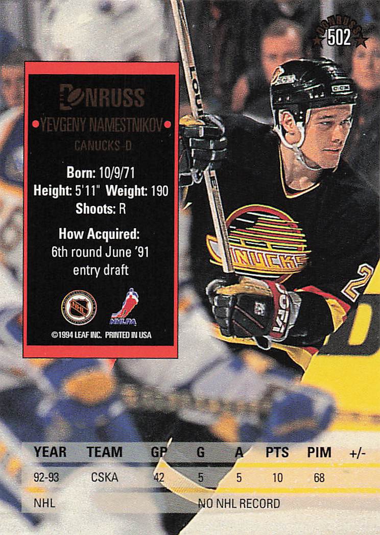 1993-94 Donruss Hockey Yevgeny Namestnikov #502 Rookie