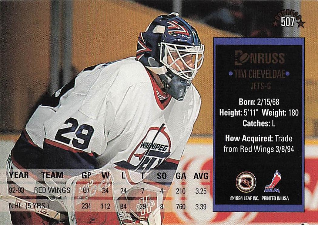 1993-94 Donruss Hockey Tim Cheveldae #507