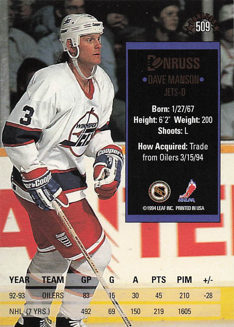 1993-94 Donruss Hockey Dave Manson #509