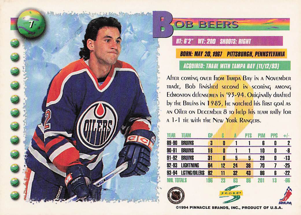 1994-95 Score Hockey Bob Beers #7