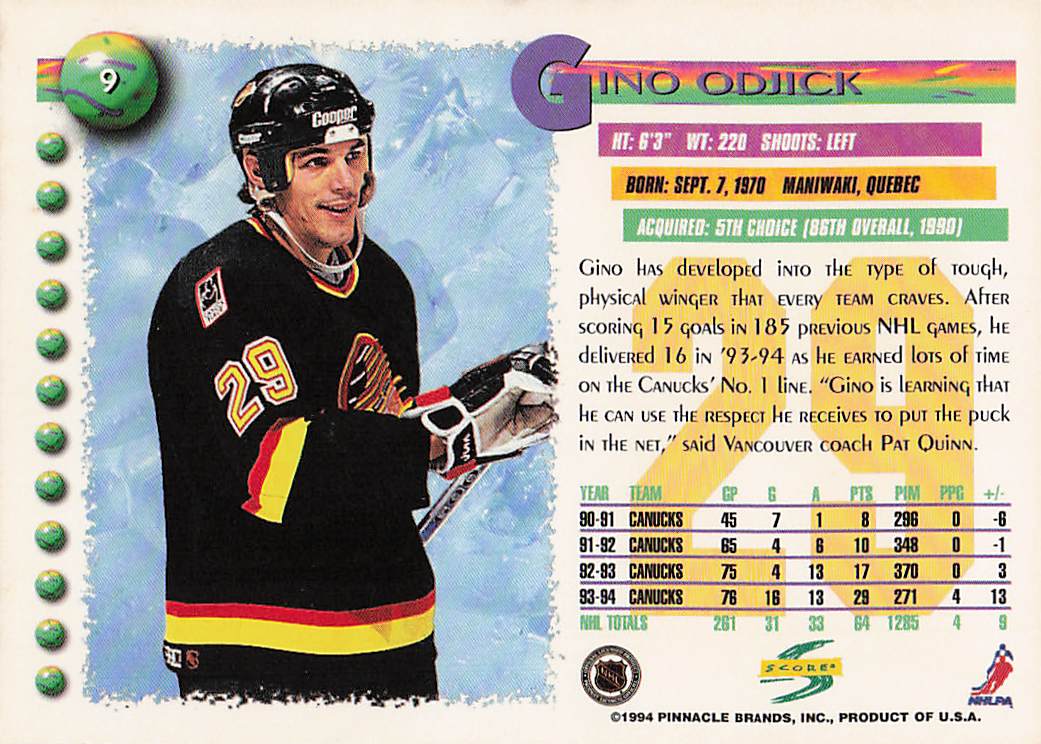 1994-95 Score Hockey Gino Odjick #9