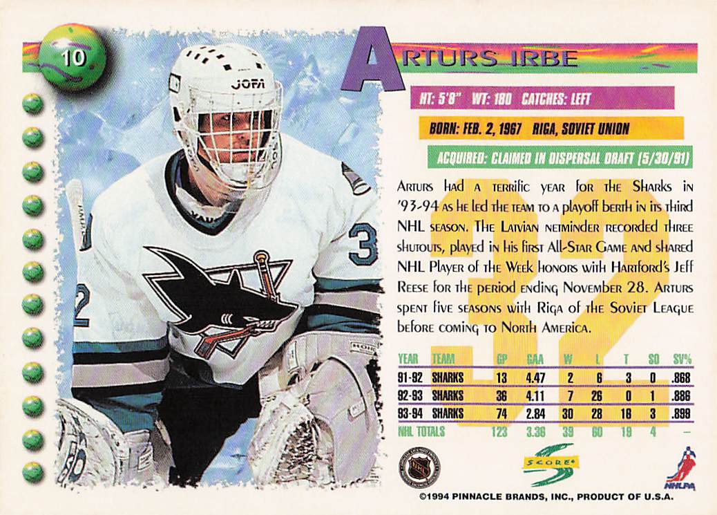 1994-95 Score Hockey Arturs Irbe #10