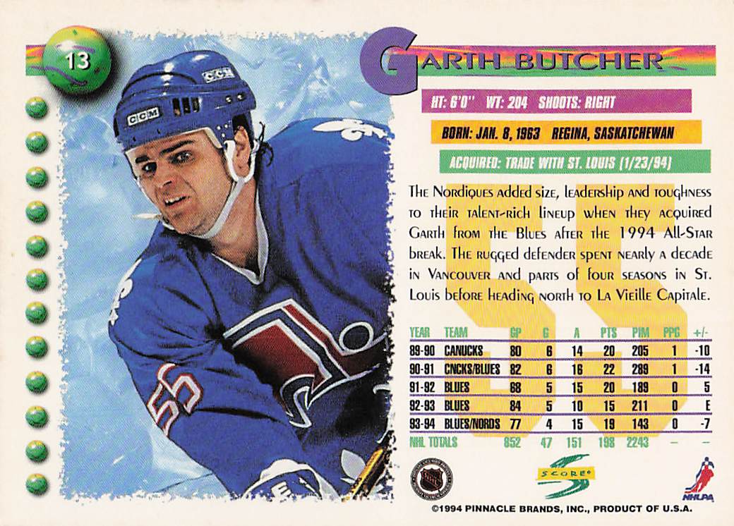 1994-95 Score Hockey Garth Butcher #13