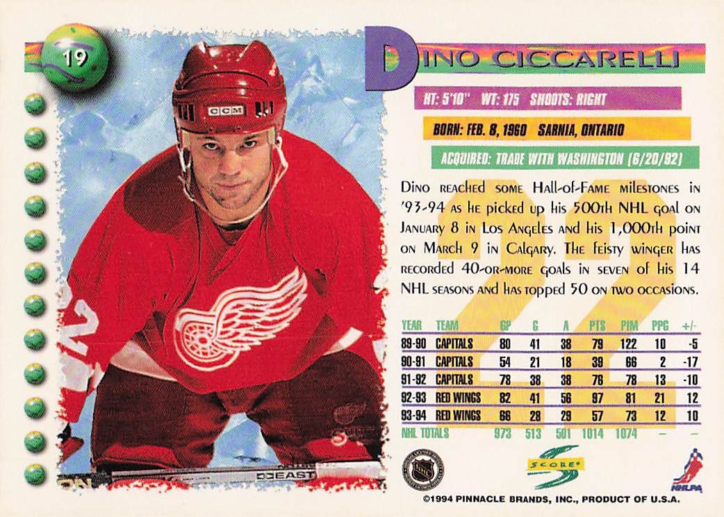 1994-95 Score Hockey Dino Ciccarelli #19