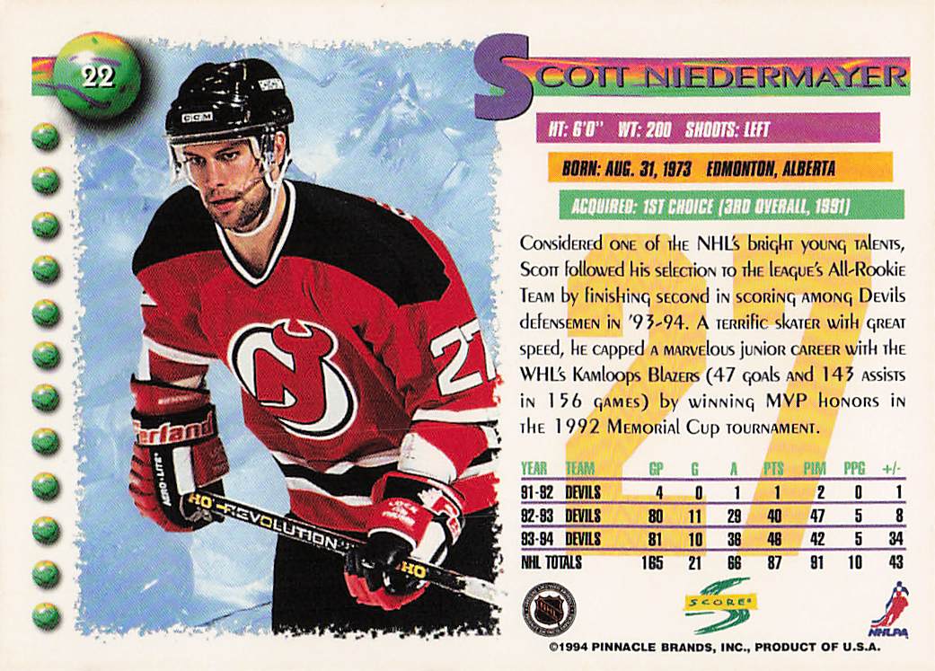 1994-95 Score Hockey Scott Niedermayer #22