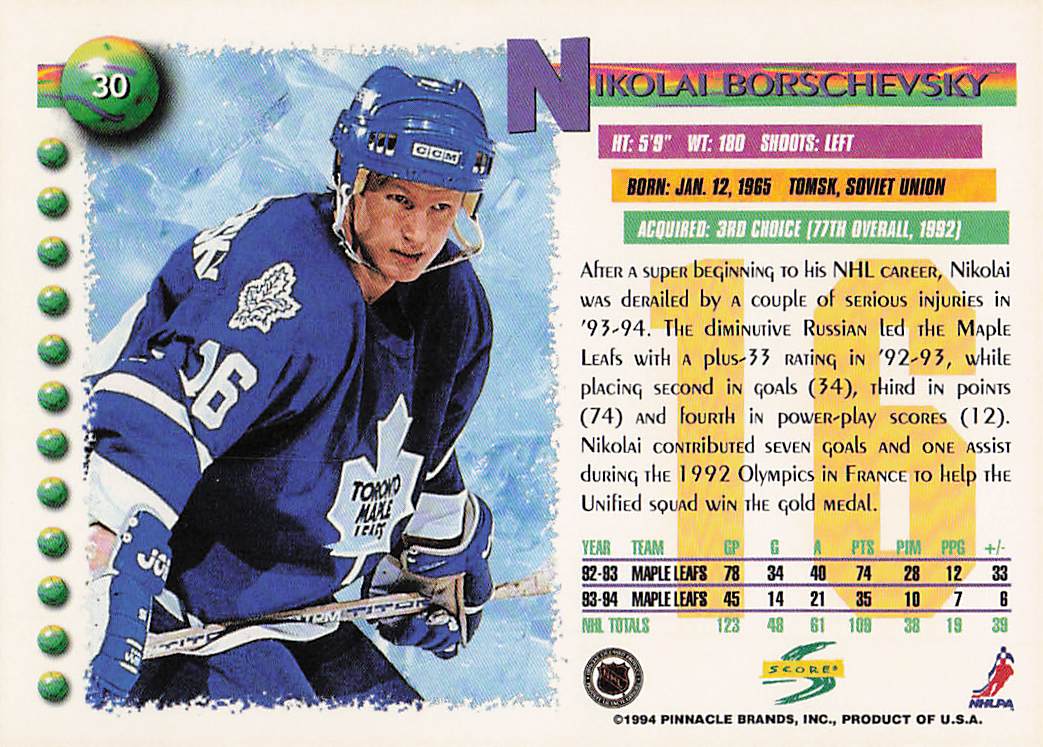 1994-95 Score Hockey Nikolai Borschevsky #30
