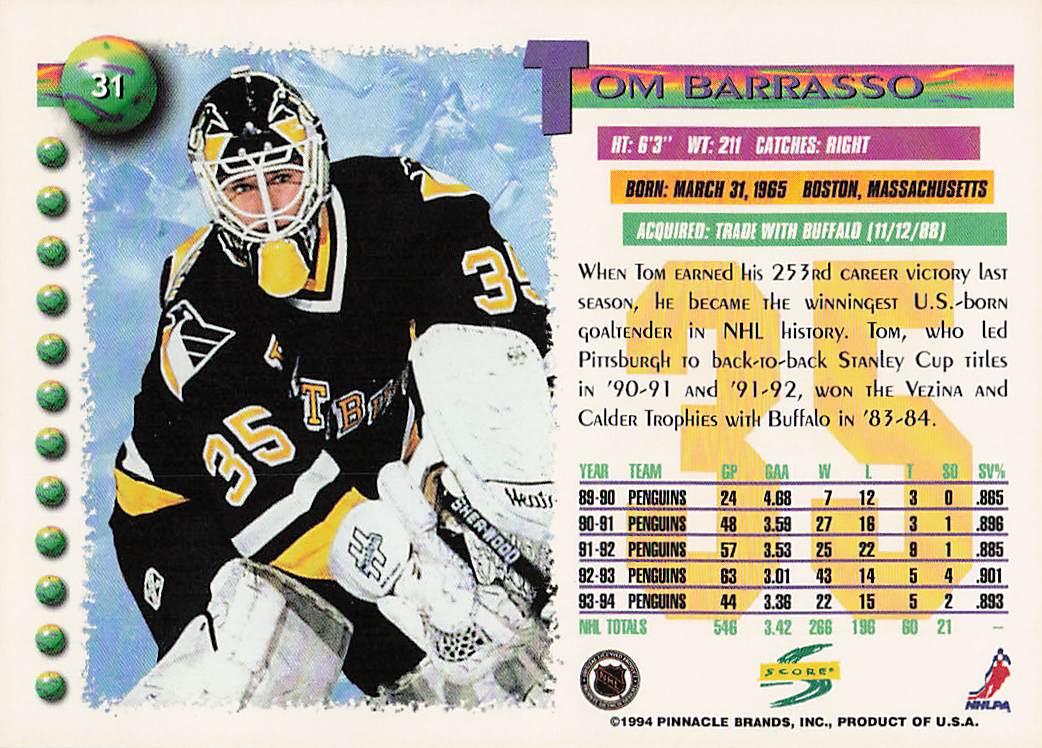 1994-95 Score Hockey Tom Barrasso #31