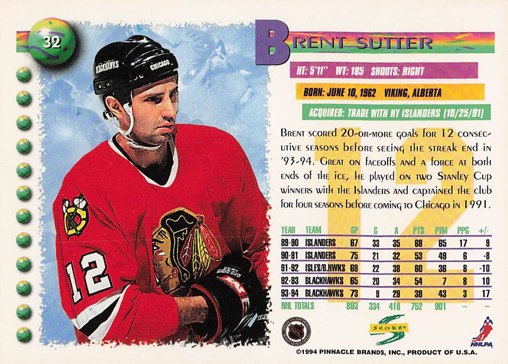 1994-95 Score Hockey Brent Sutter #32