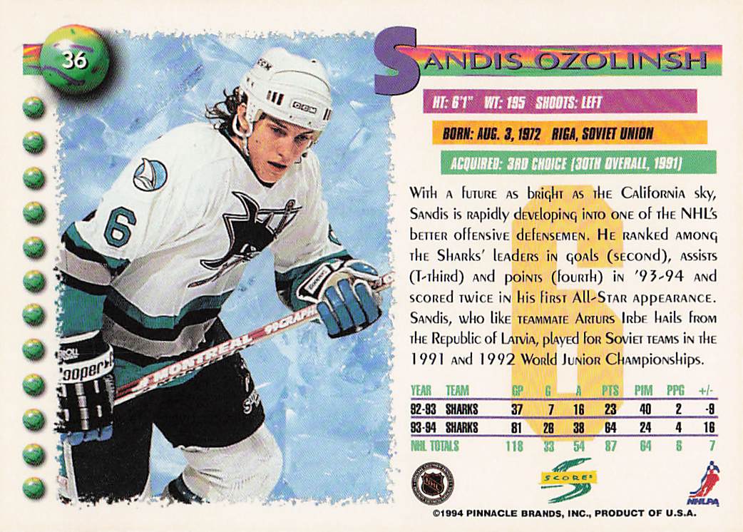 1994-95 Score Hockey Sandis Ozolinsh #36
